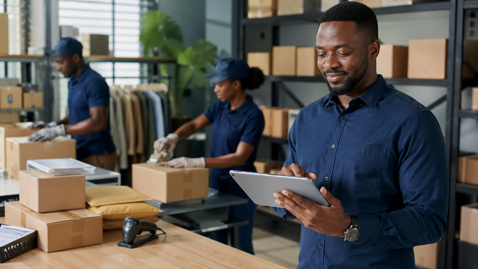 Business owner reviewing logistics visibility on a tablet