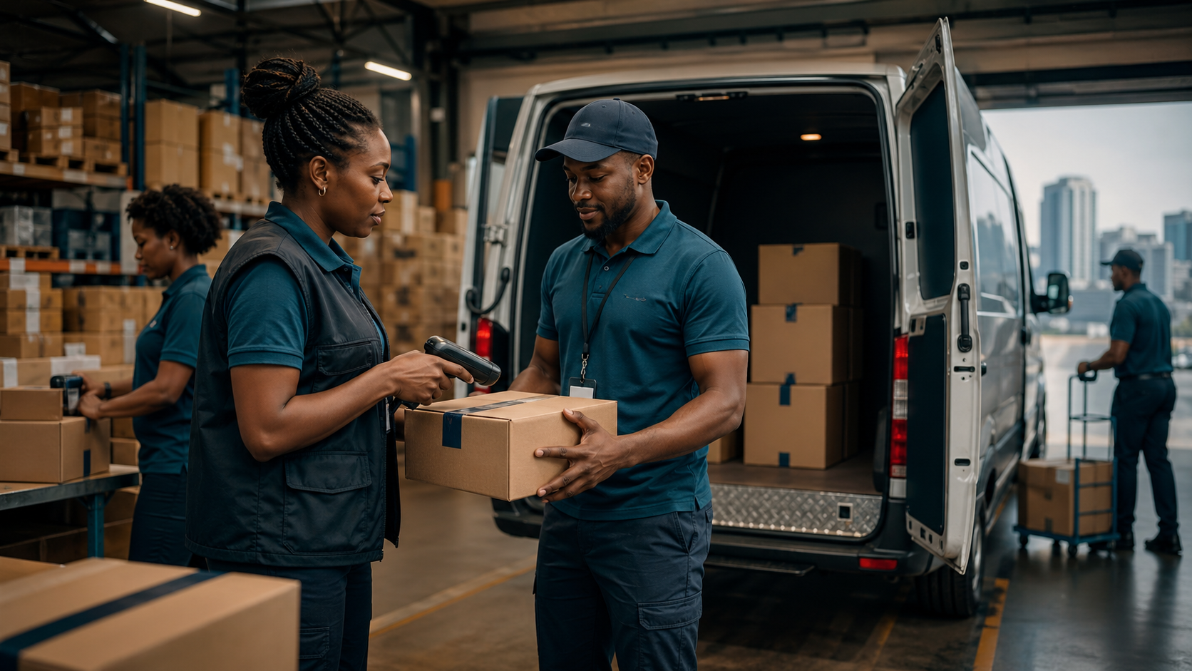 Warehouse dispatch handoff with parcels and delivery van