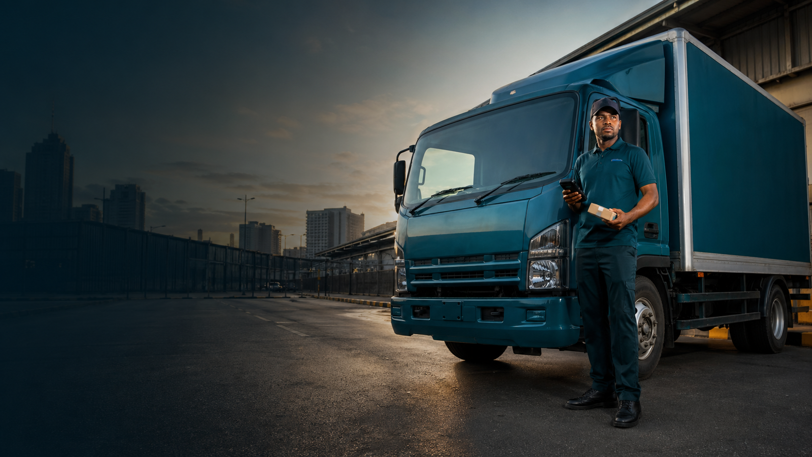 Delivery professional beside a logistics truck